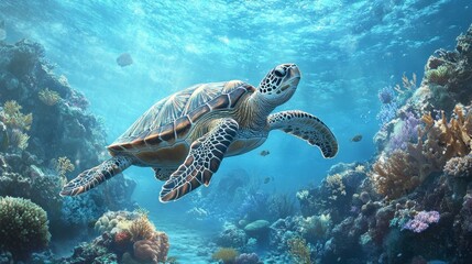 Fototapeta premium A majestic sea turtle gliding through clear blue waters, surrounded by coral formations and small fish in a serene setting.