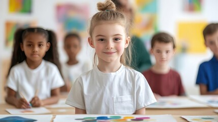 Fototapeta premium A group of children participating in an art therapy session led by volunteers, art therapy, children, volunteers