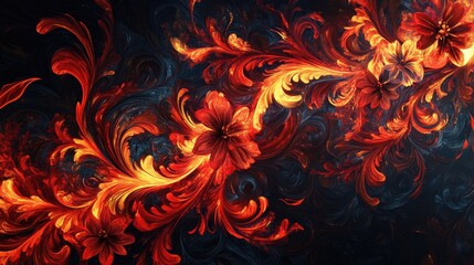 Ethereal Flames: Abstract Floral Design in Fiery Red and Orange Hues