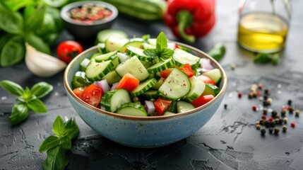 a bowl of cucumber salad with other vegetables and a light vinaigrette, representing healthy eating.