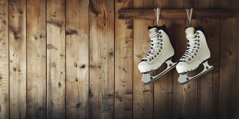 Pair of ice skates hanging on wooden wall