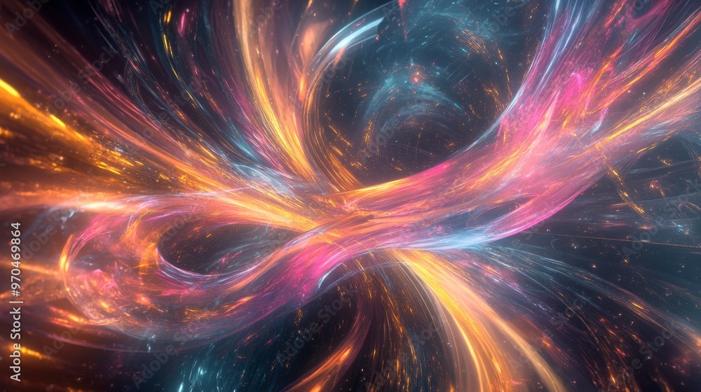 Poster a mesmerizing 3d abstract multicolor visualization with intertwined shapes and light trails, evoking