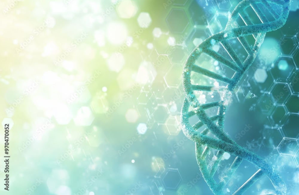 Aufkleber abstract dna helix on a soft blue and green background with hexagon bokeh.
