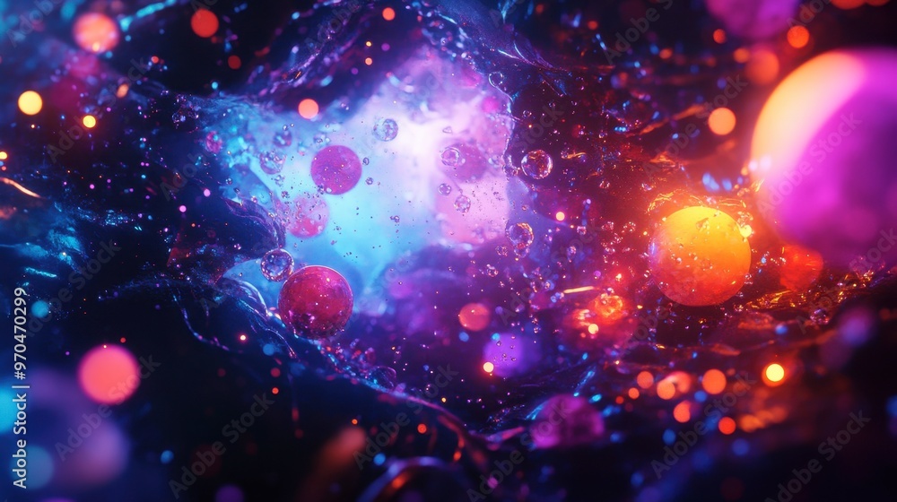 Poster a mesmerizing 3d abstract multicolor visualization with bright shapes and glowing effects, set in a 