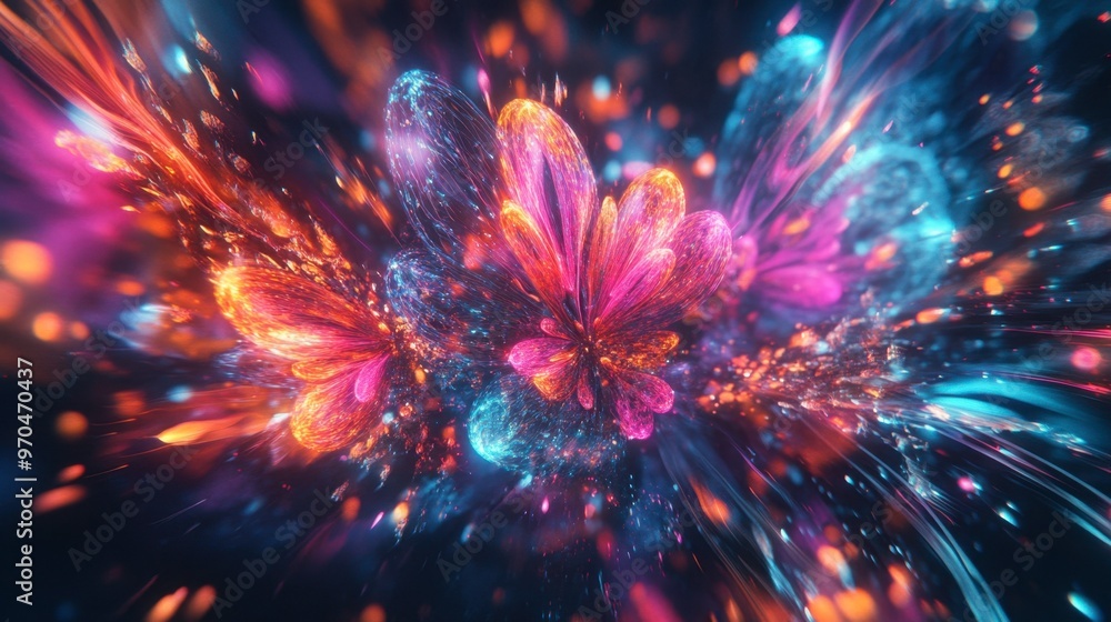 Poster a mesmerizing 3d abstract multicolor visualization with bright shapes and glowing effects, set in a 