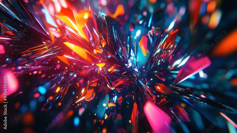 Poster a mesmerizing 3d abstract multicolor visualization with bright shapes and glowing effects, set in a 