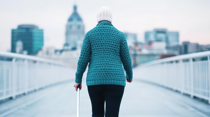 A visually impaired person crossing a bridge with their white cane, enjoying the city view, crossing bridge, white cane, city view