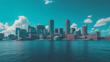 Fototapeta premium Modern Skyscrapers and Waterfront with Blue Sky and Clouds