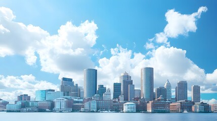 Fototapeta premium Modern Skyscrapers and Waterfront Buildings with a Blue Sky and White Clouds