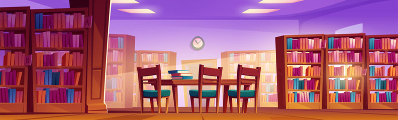 Library or bookstore interior cartLibrary or bookstore interior cartoon background. Indoor book shelf furniture in university warehouse. Public school room to study with desk. Antique building inside © klyaksun