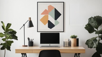 A minimalist workspace with a framed acrylic sketch of geometric shapes, adding a touch of creativity to the space.
