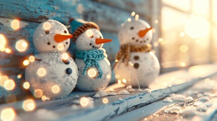 Three cheerful snowmen adorned with scarves stand in a cozy setting, illuminated by warm, glowing lights in winter.