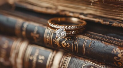 Diamond wedding ring in open Bible book with blurred background AI generated image