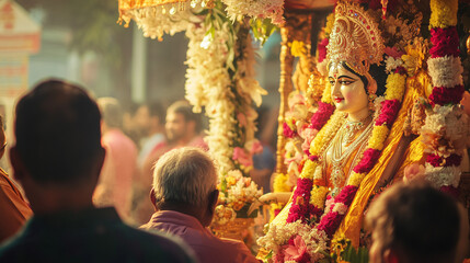 Fototapeta premium Durga Puja celebrations in Kolkata, the magnificent idol of Goddess Durga is decorated with flowers and golden silk cloth, Ai generated images