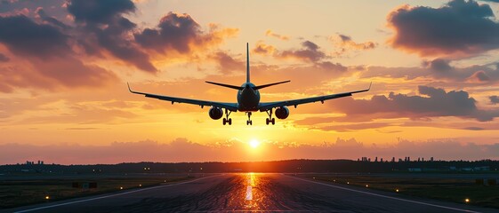 An airplane approaching for landing at sunset, silhouetted against a vibrant sky filled with clouds and warm colors.