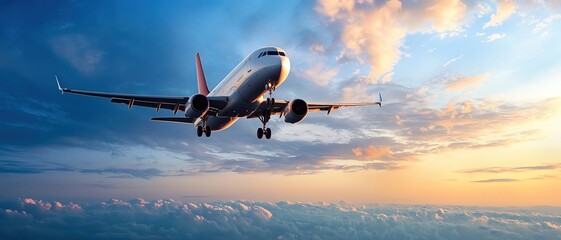 An airplane soaring through a vibrant sunset sky, capturing the essence of travel and adventure in the air.