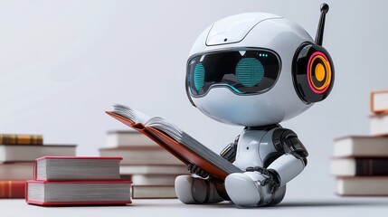 3D chat bot. Robot sits and reads books, learns. Robotic machine with artificial intelligence on white background