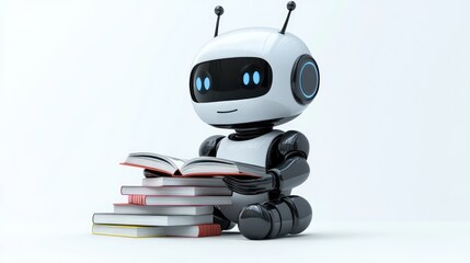 3D chat bot. Robot sits and reads books, learns. Robotic machine with artificial intelligence on white background