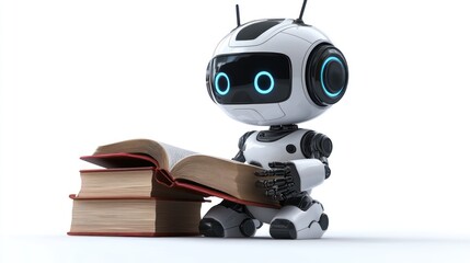 3D chat bot. Robot sits and reads books, learns. Robotic machine with artificial intelligence on white background