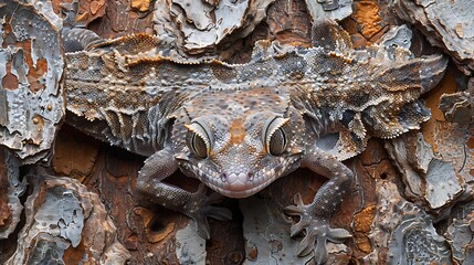 Camouflaged leaf-tailed gecko blending with tree bark, macro shot: A leaf-tailed gecko perfectly camouflages against tree bark, its intricate patterns and textures blending seamlessly in a stunning 
