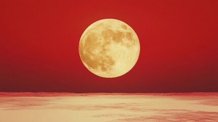 A stunning full moon rises over a serene landscape, casting a warm glow against a vibrant red sky at sunset.