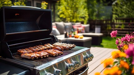 A lively backyard deck scene, ribs sizzling on a large grill, with colorful flowers blooming around and plush outdoor furniture inviting relaxation