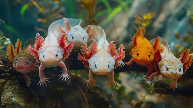Ajolote axolotl in varying color morphs, underwater scene: A group of ajolote axolotls swims gracefully in an underwater scene, their varying color morphs&mdash;from pale white to deep brown&mdash;creating 