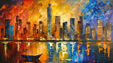 A vibrant city skyline at sunset, reflecting colors in the water, showcasing urban beauty and artistic expression.