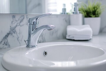 Fototapeta premium Luxury Interior Design: Modern Bathroom with White Ceramic Sink and Chrome Faucet