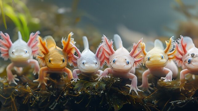 Ajolote axolotl in varying color morphs, underwater scene: A group of ajolote axolotls swims gracefully in an underwater scene, their varying color morphs&mdash;from pale white to deep brown&mdash;creating 