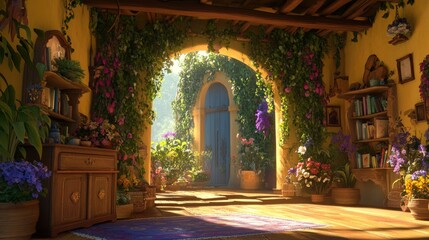 A sunlit room with an arched doorway leading to a lush garden, filled with flowers and plants.