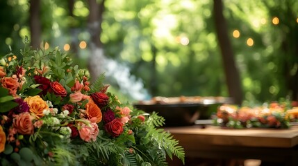 A lush garden party, with a grill smoking in the background, floral arrangements on tables, and guests enjoying the fresh air and delicious food