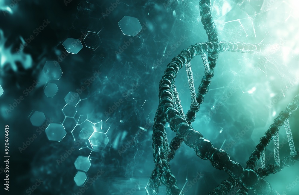 Poster a close-up of a dna helix, with a blurred background of hexagonal shapes.