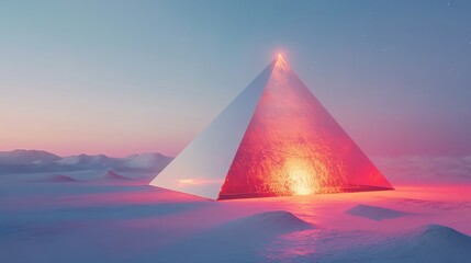 A striking geometric pyramid illuminated by a warm glow, set against a serene, snowy landscape under a colorful sky.
