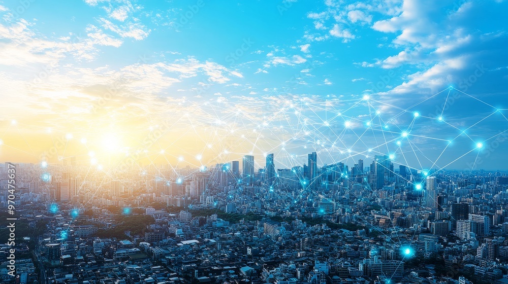 Poster aerial view of a city skyline with a network of connected dots and lines overlayed.
