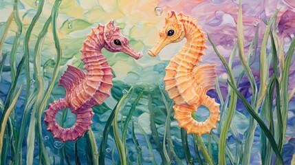 A pair of seahorses floating gently in the water, holding onto seagrass with their tails, in a calm and colorful setting.