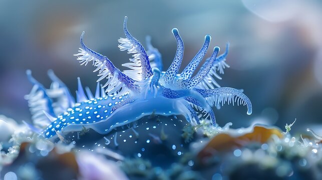 Glaucus atlanticus sea slug floating on ocean surface, vivid blue: A vivid blue Glaucus atlanticus sea slug floats gracefully on the ocean surface, its stunning colors and delicate form creating 