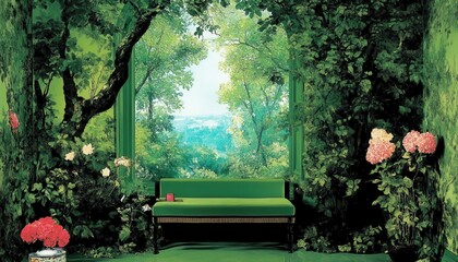 A serene green scene featuring a cozy bench surrounded by lush foliage and blooming flowers, inviting relaxation and tranquility.