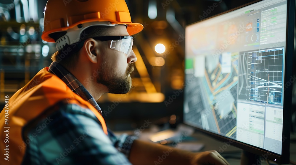 Poster engineer examining structural data on advanced screen, business theme, engineer, structural data
