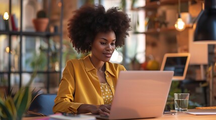 Confident African American businesswoman working on a laptop in an office setting, with a plain office background in a business theme