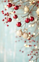 Fototapeta premium A Festive Christmas Garland adorned with Red Berries and Gold Decorations, Illuminating the Holiday Spirit in a Cozy Home Setting during the Winter Season.