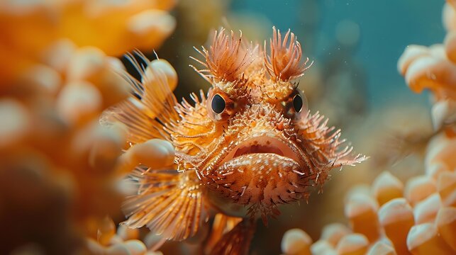 Hairy frogfish luring prey with fish-like appendage, coral reef: A hairy frogfish blends into the coral reef, using its fish-like appendage to lure unsuspecting prey close enough for a sudden 