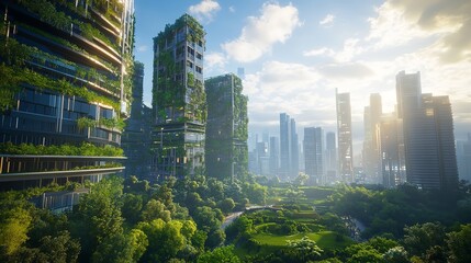 Towering Skyscrapers Surrounded by Verdant Urban Park Blending Nature and Architecture in Captivating City Skyline