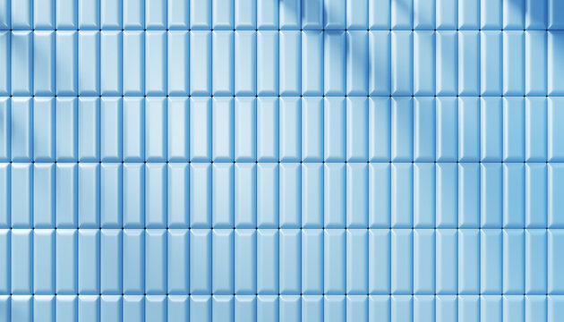 3d blue tile wall with rectangle pattern in bathroom render. Modern kitchen, toilet or pool interior with vertical rectangular mosaic. Ceramic texture background with light and shadow. 3D illustration