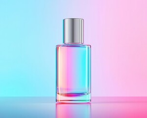 A sleek moisturizer bottle with subtle shimmering lights around it, holographic pastel background, futuristic, clean lines, minimalism, ultra-modern packaging