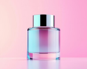 Naklejka premium A sleek moisturizer bottle with subtle shimmering lights around it, holographic pastel background, futuristic, clean lines, minimalism, ultra-modern packaging