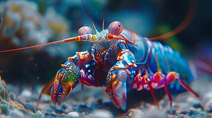 Mantis shrimp striking prey, super-fast punch visualized: A mantis shrimp delivers a super-fast punch to its prey, the incredible speed and power of its strike captured in a visualized underwater 