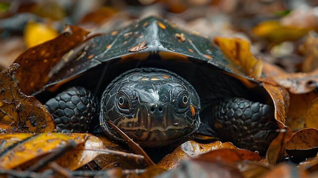 Mata mata turtle ambushing fish, camouflaged in leaf litter: A mata mata turtle lies camouflaged among the leaf litter, its unique, flat head blending seamlessly as it prepares to ambush an 