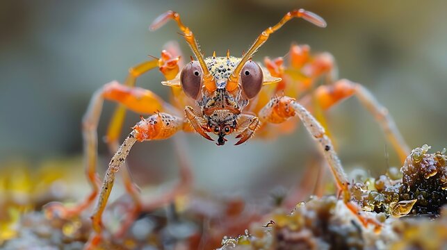 Assassin bug wearing ant carcasses as camouflage, macro view: An assassin bug wears the carcasses of ants as camouflage, blending seamlessly into its surroundings in this chilling yet fascinating 