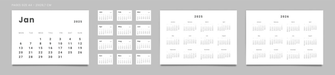 Set of Pages Monthly Calendar Planner Templates and annuals 2025-2026 in minimal style. Vector pages size A4-21x29.7 cm for wall or desk minimalist calendar with week starting on Monday for printing